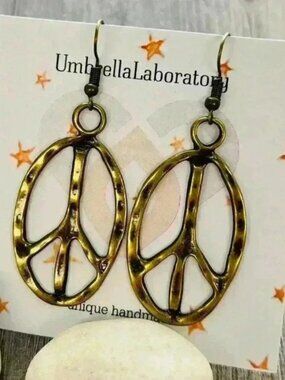 Peace sign hippie earrings hippy accessories bronze tone bohemian retro jewelry